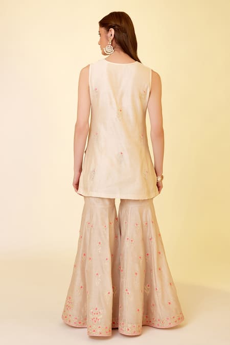 Shop Shyam Narayan Prasad White Chanderi Silk Embroidery, Tassels, Thread And Work Short Kurta Sharara Set at Aza Fashions Shop_Shyam Narayan Prasad_White Chanderi Silk Embroidery, Tassels, Thread And Work Short Kurta Sharara Set _at_Aza_Fashions