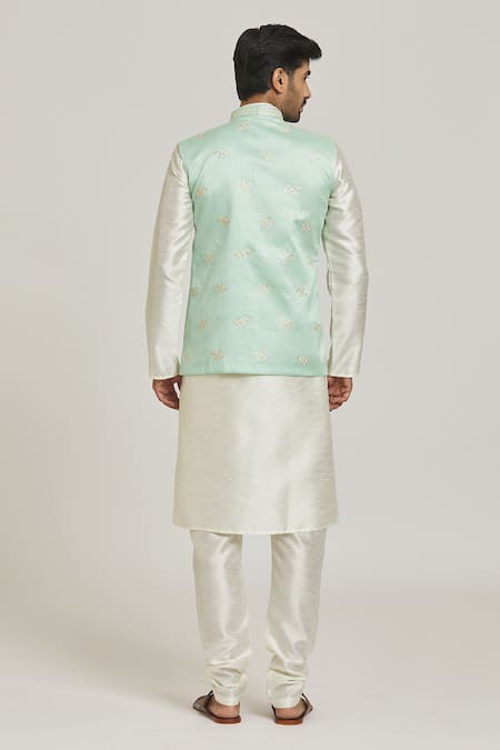 Shop_Arihant Rai Sinha_Green Jacquard, Silk Embroidery Floral Bundi Kurta Set_at_Aza_Fashions