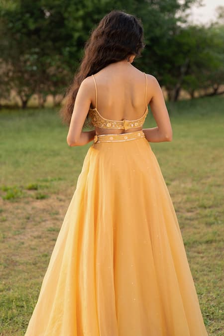 Shop_Zoon_Yellow Net, Silk Organza Sequins, Crystals, Applique Embroidered Lehenga Set _at_Aza_Fashions