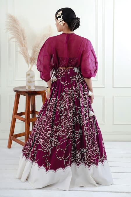 Shop_EK Soot_Purple Silk Printed Floral Cape  Embroidered And Gathered Skirt Set  _at_Aza_Fashions