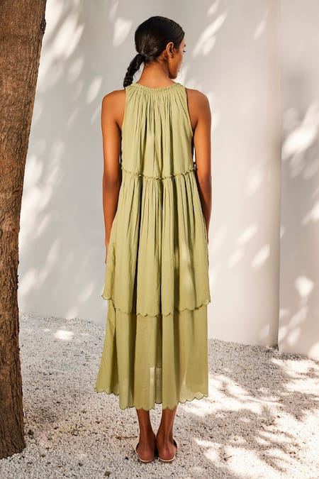 Shop_Kharakapas_Green Cotton Embroidery Split V-neck Gaia Scallop Hem Midi Dress _at_Aza_Fashions