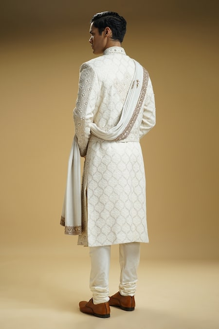 Shop Kommal Sood Off White Georgette, Cotton, Silk Embroidery Jaal Sherwani Set With Stole at Aza Fashions Shop_Kommal Sood_Off White Georgette, Cotton, Silk Embroidery Jaal Sherwani Set With Stole _at_Aza_Fashions