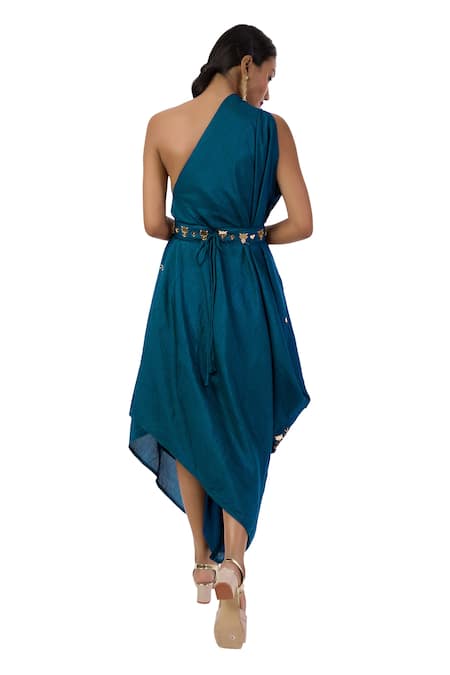 Shop_Meghna Shah_Blue Denim Beads, Sequins, Cut Work, Mirrors One Shoulder Draped Dress _at_Aza_Fashions