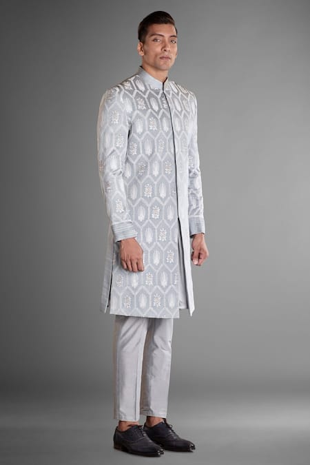 Shop More Mischief Grey Silk, Linen, Cotton Embroidery Glacier Floral Sherwani Set at Aza Fashions Shop_More Mischief_Grey Silk, Linen, Cotton Embroidery Glacier Floral Sherwani Set_at_Aza_Fashions