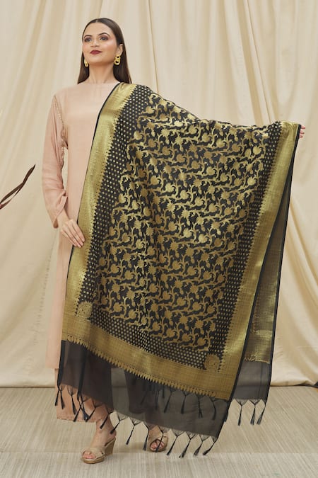 Shop Naintara Bajaj Black Brocade, Silk Embroidery, Fringe Vine Woven Dupatta at Aza Fashions Shop_Naintara Bajaj_Black Brocade, Silk Embroidery, Fringe Vine Woven Dupatta _at_Aza_Fashions