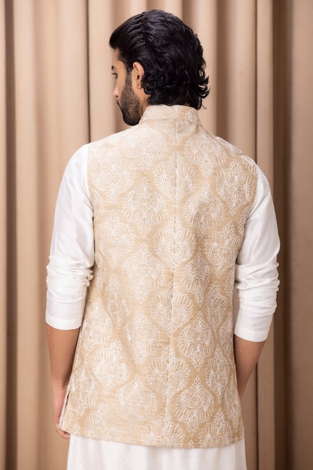 Ankit V Kapoor Beige Embroidered Bundi Kurta Set 