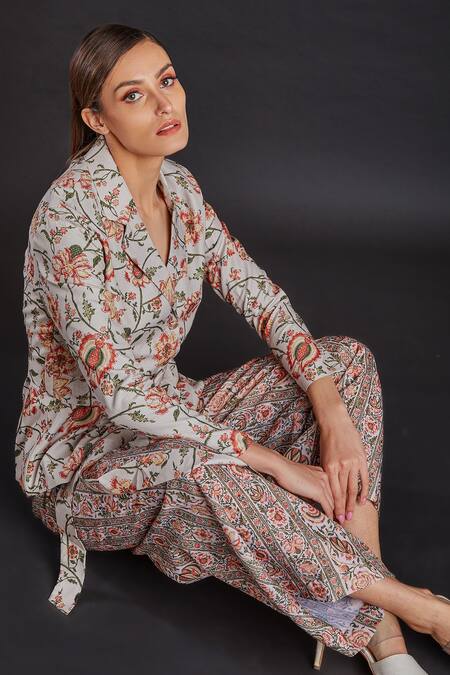 Shop Fuga Beige Linen, Cotton Embroidery Pistachio Floral Print Blazer And Pant Set at Aza Fashions Shop_Fuga_Beige Linen, Cotton Embroidery Pistachio Floral Print Blazer And Pant Set_at_Aza_Fashions