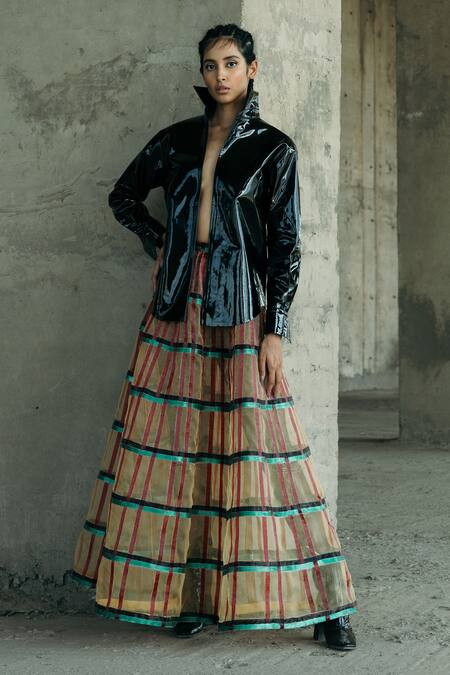 Shop_Akhl_Gold 100% Silk Organza Glass Embroidered Circular Skirt _at_Aza_Fashions