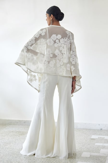 Shop_Mishru_Ivory Organza, Georgette Sequins Alya Floral Bunch Embroidered Cape And Pant Set _at_Aza_Fashions