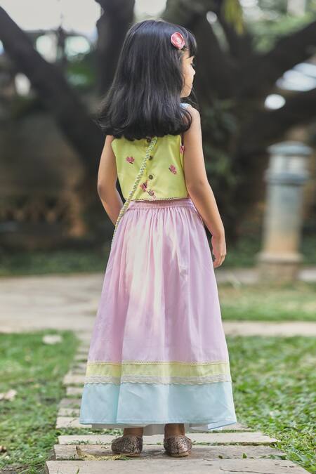 Shop Little Shiro Yellow Cotton Embroidery Flared Printed Lehenga Set With Potli Bag at Aza Fashions Shop_Little Shiro_Yellow Cotton Embroidery Flared Printed Lehenga Set With Potli Bag_at_Aza_Fashions