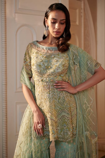 Shop Adaara Couture Green Silk, Brocade, Georgette Hand Embroidered Short Kurta Sharara Set at Aza Fashions Shop_Adaara Couture_Green Silk, Brocade, Georgette Hand Embroidered Short Kurta Sharara Set _at_Aza_Fashions
