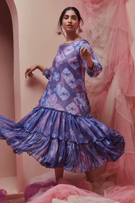 Saundh Blue Cotton, Chiffon Gota Patti, Beads, Embroidery Petunia Printed Tiered Dress Online at Aza Fashions Saundh_Blue Cotton, Chiffon Gota Patti, Beads, Embroidery Petunia Printed Tiered Dress _Online_at_Aza_Fashions