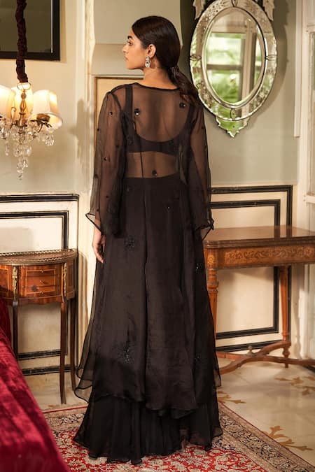 Shop_Zoon_Black Crepe, Silk , Sequins, Embroidered Jacket Flared Pant Set _at_Aza_Fashions