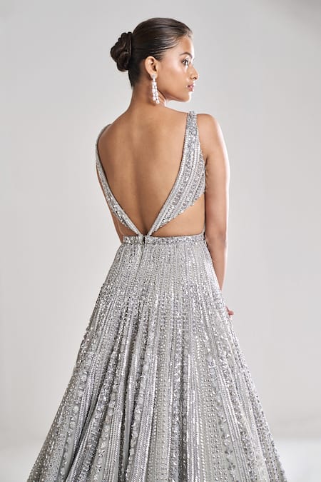 Shop_Seema Gujral_Silver Net Sequins, Crystals, Beads Plunge V Neck Embroidered Gown_at_Aza_Fashions