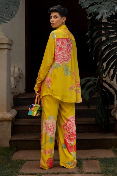Shop_Paulmi And Harsh_Yellow Crepe Embroidery Collared Refreshing Floral Print Shirt And Pant Set _at_Aza_Fashions
