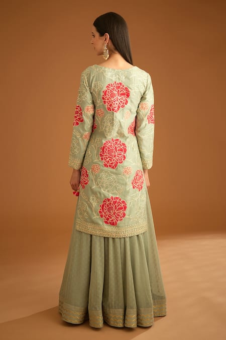 Shop Shyam Narayan Prasad Blue Chanderi, Georgette Embroidery, Gota Patti And Thread Work Kurta Sharara Set at Aza Fashions Shop_Shyam Narayan Prasad_Blue Chanderi, Georgette Embroidery, Gota Patti And Thread Work Kurta Sharara Set _at_Aza_Fashions