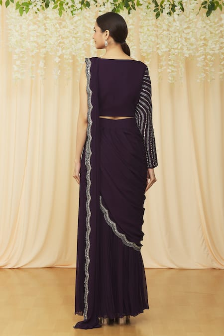 Shop Samyukta Singhania Purple Georgette Embroidery Round Neck Scalloped Saree With Asymmetric Choli at Aza Fashions Shop_Samyukta Singhania_Purple Georgette Embroidery Round Neck Scalloped Saree With Asymmetric Choli _at_Aza_Fashions