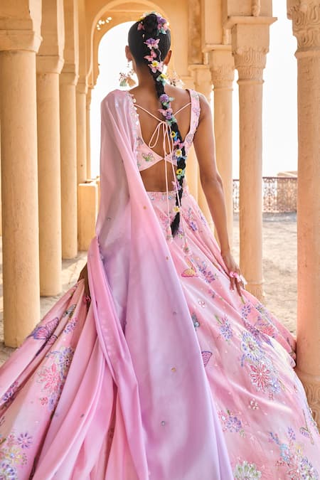 Shop Lashkaraa Pink Velvet, Satin, Chiffon Embroidery, Beads, Floral Embellished Lehenga Set at Aza Fashions Shop_Lashkaraa_Pink Velvet, Satin, Chiffon Embroidery, Beads, Floral Embellished Lehenga Set_at_Aza_Fashions