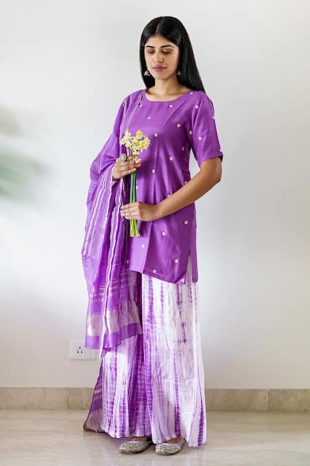 Shop Cupid Cotton Purple Silk, Cotton Beads, Embroidery Round Neck Geometric Kurta Set at Aza Fashions Shop_Cupid Cotton_Purple Silk, Cotton Beads, Embroidery Round Neck Geometric Kurta Set _at_Aza_Fashions