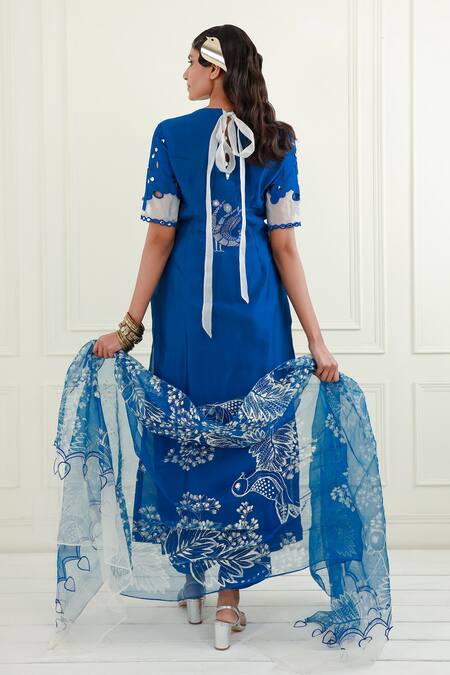 Shop_EK Soot_Blue Chanderi Printed Floral Round Embroidered Kurta Pant Set _at_Aza_Fashions