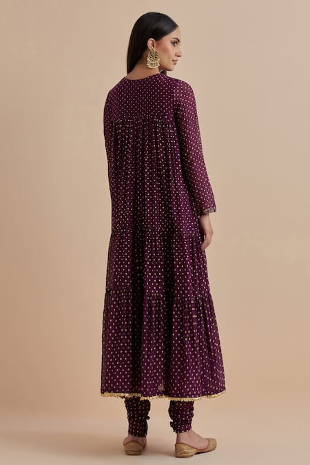 Shop Ikshita Choudhary Purple Chanderi Keyhole Neck Placed Foil Print Kurta With Churidar at Aza Fashions Shop_Ikshita Choudhary_Purple Chanderi Keyhole Neck Placed Foil Print Kurta With Churidar_at_Aza_Fashions