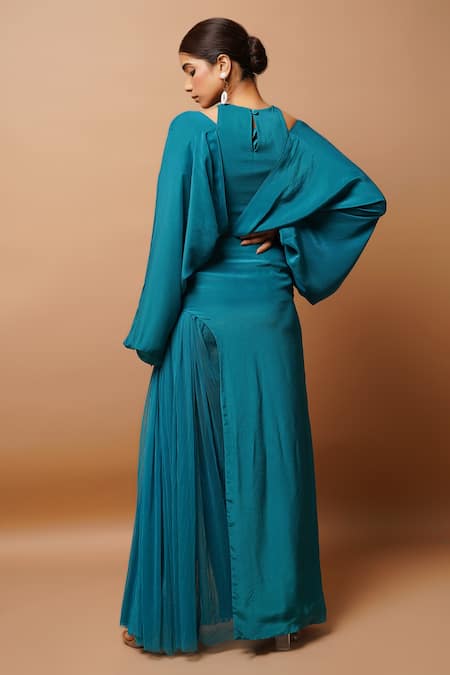 Buy Blue Bemberg Satin Chinese Collar Valentina Full Sleeve Maxi Dress For  Women by Scarlet Sage Online at Aza Fashions.