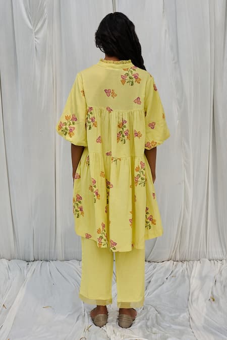 Shop Ayaka Yellow Cotton Lace Collared Printed Gathered Dress at Aza Fashions Shop_Ayaka_Yellow Cotton Lace Collared Printed Gathered Dress _at_Aza_Fashions