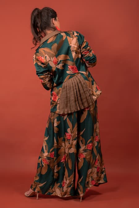 Shop Rimi Nayak Green Modal, Satin Pine Flower Print Box Pleated Trouser at Aza Fashions Shop_Rimi Nayak_Green Modal, Satin Pine Flower Print Box Pleated Trouser _at_Aza_Fashions