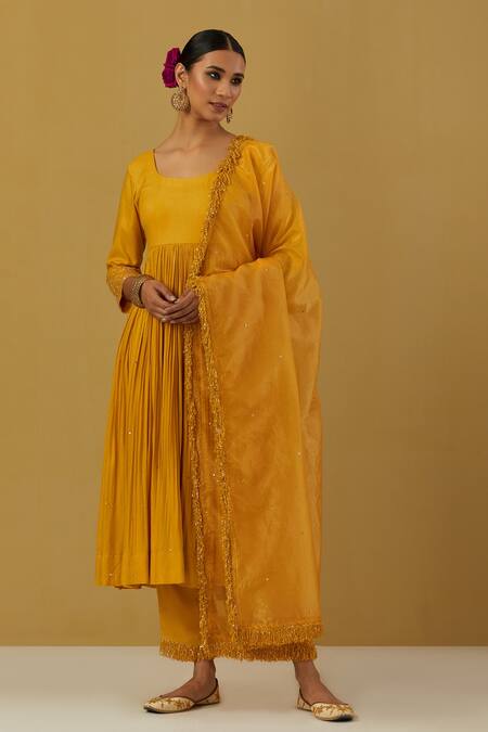 Ikshita Choudhary Yellow Cheese Cotton Embroidered Round Full Sleeve Anarkali And Pant Set Online at Aza Fashions Ikshita Choudhary_Yellow Cheese Cotton Embroidered Round Full Sleeve Anarkali And Pant Set_Online_at_Aza_Fashions