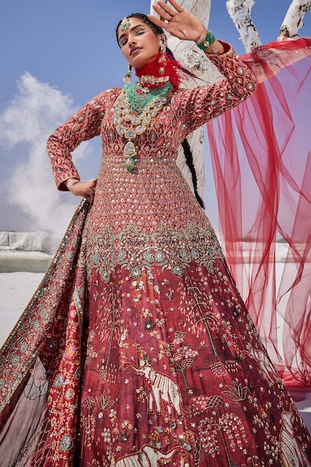 Shop The Royaleum Red Silk, Organza Sequins, Beads, Stones V-neck Embroidered Anarkali Set at Aza Fashions Shop_The Royaleum_Red Silk, Organza Sequins, Beads, Stones V-neck Embroidered Anarkali Set _at_Aza_Fashions