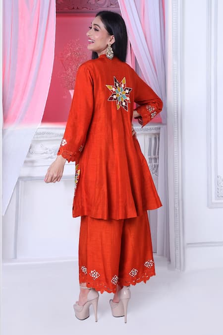 Shop Sunita Nagi Orange Dupion Embroidered Leather Notched Round Applique Anarkali Palazzo Set at Aza Fashions Shop_Sunita Nagi_Orange Dupion Embroidered Leather Notched Round Applique Anarkali Palazzo Set _at_Aza_Fashions