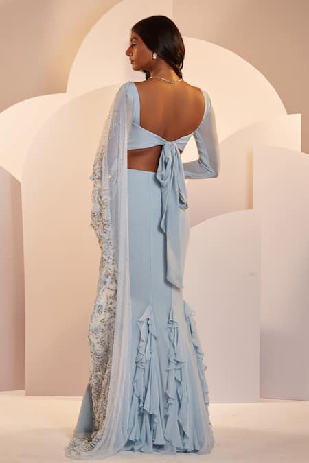 Shloka Khialani Christina Ruffle Pre-Draped Saree With Crop Top 