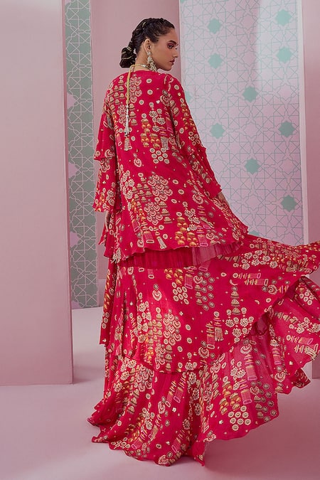 Shop_Krisha Sunny Ramani_Fuchsia Crepe Sequins Round Neck Layered Jhumka Print Cape Sharara Set _at_Aza_Fashions