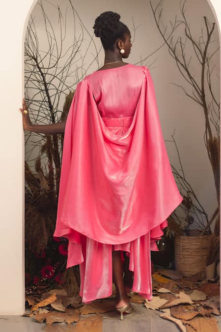 House Of Fett Attached Drape Gown With Quilted Belt 