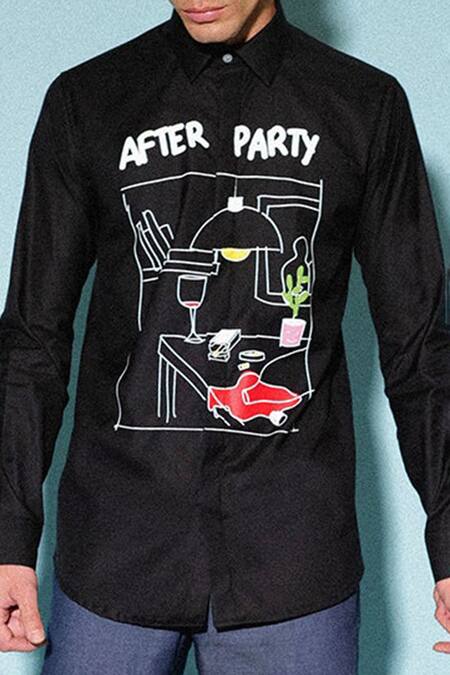 Shop Sahil Aneja Black Cotton Screen Print After Party Shirt at Aza Fashions Shop_Sahil Aneja_Black Cotton Screen Print After Party Shirt_at_Aza_Fashions