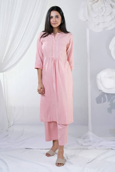Shop House Of TA-YA Peach , Satin, Chanderi Pleated Neck Kurta Straight Pant Set at Aza Fashions Shop_House Of TA-YA_Peach , Satin, Chanderi Pleated Neck Kurta Straight Pant Set _at_Aza_Fashions