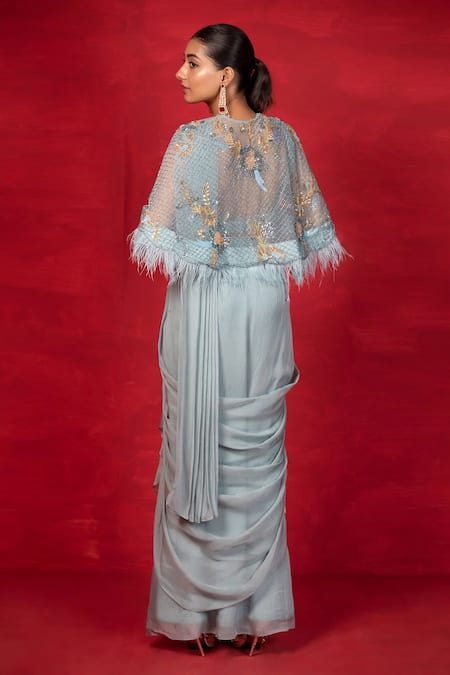 Buy_Miku Kumar_Blue Net, Satin Organza Bead, Sequin And Cut Dana Work & Pre-draped Saree Set _Online_at_Aza_Fashions