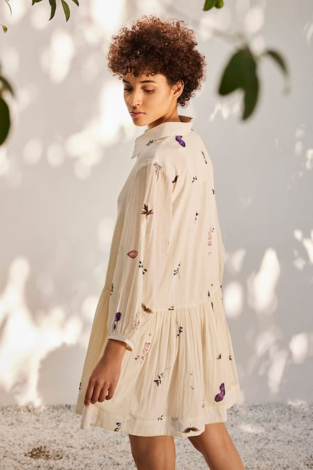 Shop Kharakapas Off White Cotton Embroidery Collared Secret Floral Print Dress at Aza Fashions Shop_Kharakapas_Off White Cotton Embroidery Collared Secret Floral Print Dress _at_Aza_Fashions
