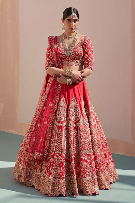 Shop_Angad Singh_Red Silk Sequins, Diamonds, Zari, Zardozi Embroidered Raw Bridal Lehenga Set _at_Aza_Fashions