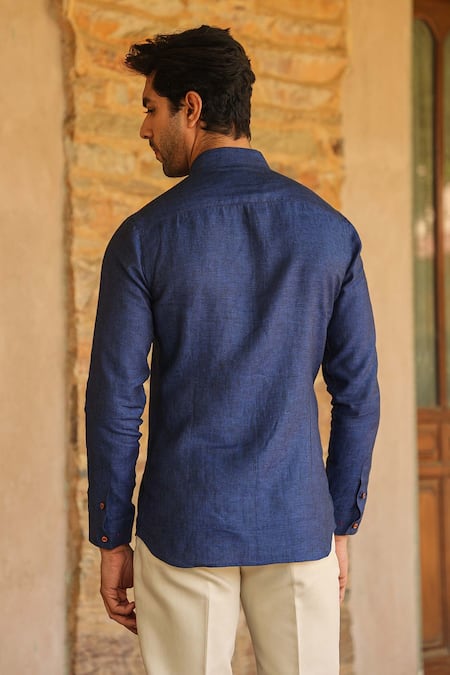 Shop_Raw & Rustic by Niti Bothra_Blue Linen Embroidery Handcrafted Straight Shirt _at_Aza_Fashions