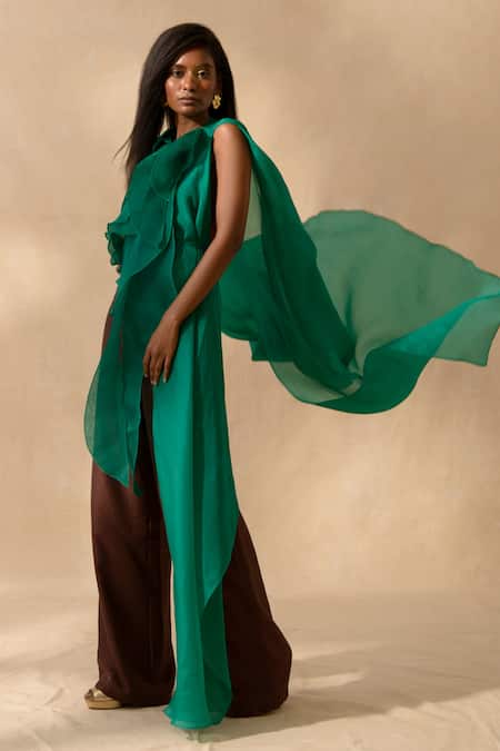 Shop Richa Khemka Green Organza, Modal, Taffeta Round Neck Ruffled Cape With Jumpsuit at Aza Fashions Shop_Richa Khemka_Green Organza, Modal, Taffeta Round Neck Ruffled Cape With Jumpsuit _at_Aza_Fashions