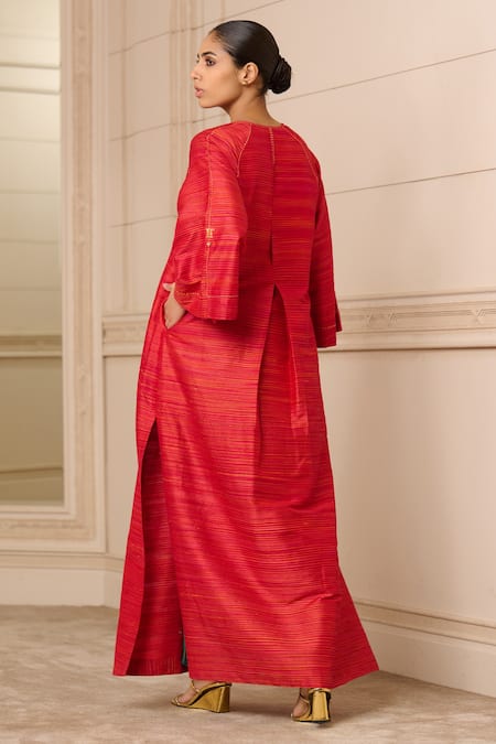 Tarun Tahiliani_Red Textured Silk Dupion Notched Handwoven Striped Tunic _Online_at_Aza_Fashions
