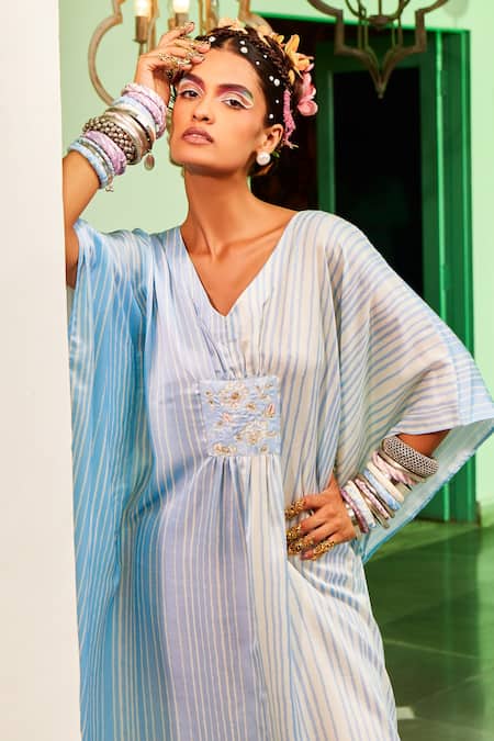 Shop_Mona And Vishu_Blue Modal Satin Stripe Print, Zari And Resham Work V Neck Kaftan _at_Aza_Fashions