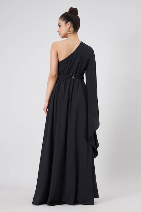 Aakaar One Shoulder Gown & Embroidered Crystal Belt Set 