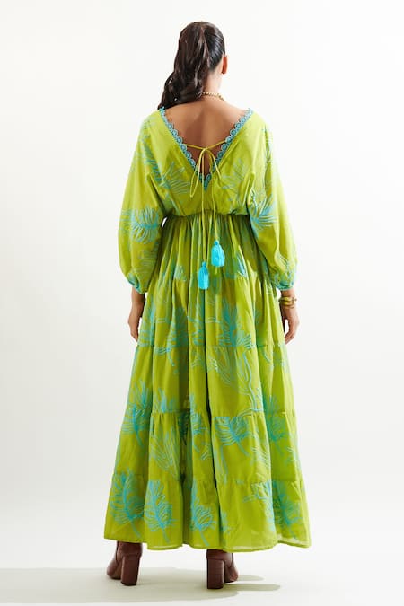 Shop Cin Cin Green Cotton Lace V-neck Falak Tiered Hem Maxi Dress at Aza Fashions Shop_Cin Cin_Green Cotton Lace V-neck Falak Tiered Hem Maxi Dress _at_Aza_Fashions