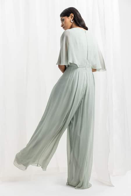 Shop_Seema Thukral_Green Georgette, Satin Sequins V-neck Pearl Embellished Pleated Jumpsuit _at_Aza_Fashions