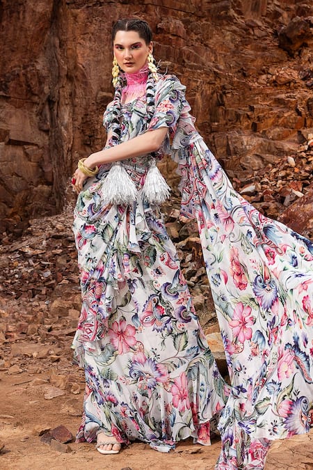 Akanksha Mago Printed Pre-Draped Saree With Blouse 