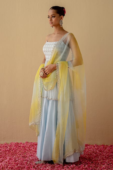 Mint Blush Embroidered Flared Top Kalidar Pant Set 