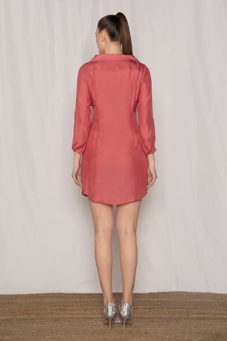 Shop Amrta By Guneet Kondal Pink Viscose, Modal Sequins, Cut Work Collared Wing Pattern Shirt Dress at Aza Fashions Shop_Amrta By Guneet Kondal_Pink Viscose, Modal Sequins, Cut Work Collared Wing Pattern Shirt Dress _at_Aza_Fashions