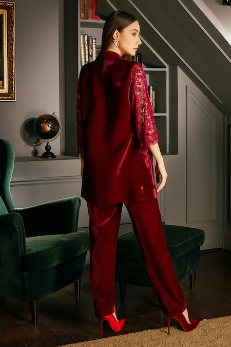 Priyanka Jain Wine Velvet Lining Shantoon Sequin Blazer Lapel Lace Sleeves And Pant Set Online at Aza Fashions Priyanka Jain_Wine Velvet Lining Shantoon Sequin Blazer Lapel Lace Sleeves And Pant Set _Online_at_Aza_Fashions